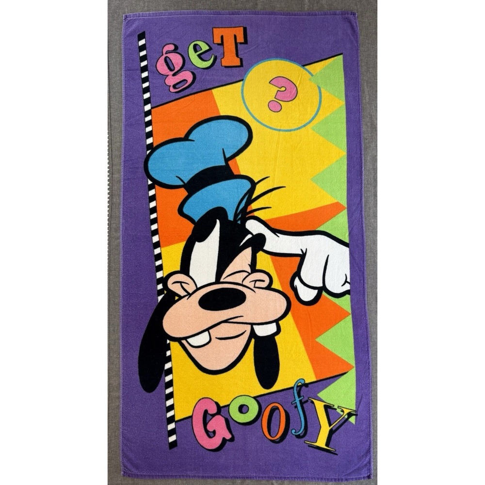 Vintage Disney Get Goofy Beach Towel Franco 30x60 Cotton Retro 1990s Y2K Purple